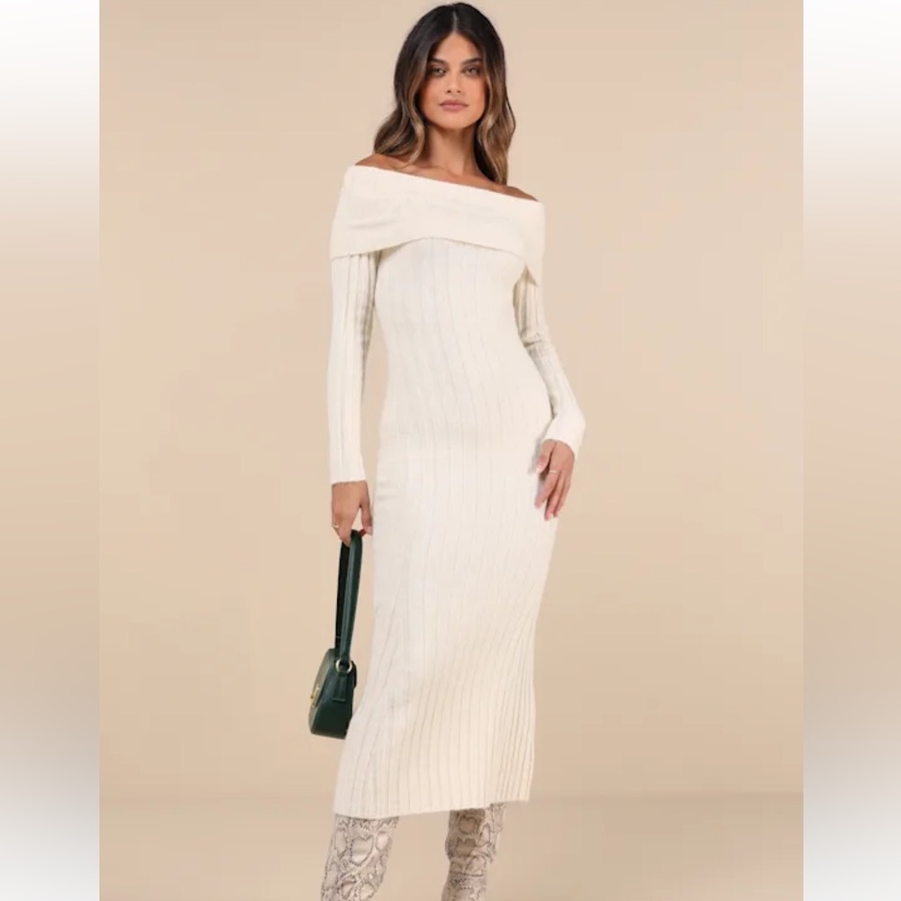 Snuggly Aura Cream Ribbed Off-the-Shoulder Sweater Maxi Dress